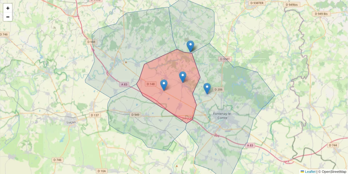 Carte de la zone du code postal  et des codes postaux voisins en France