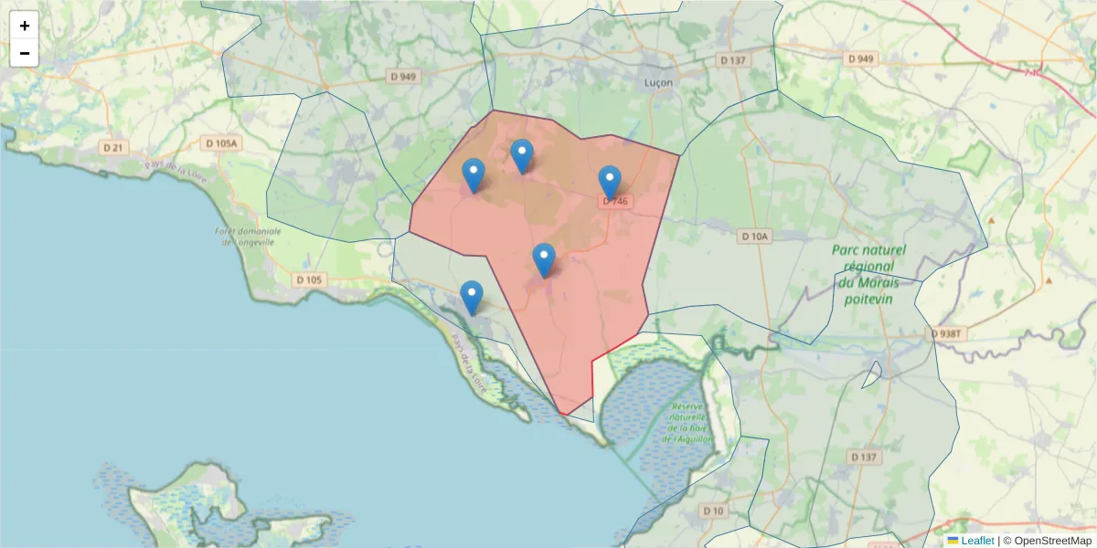 Carte de la zone du code postal  et des codes postaux voisins en France