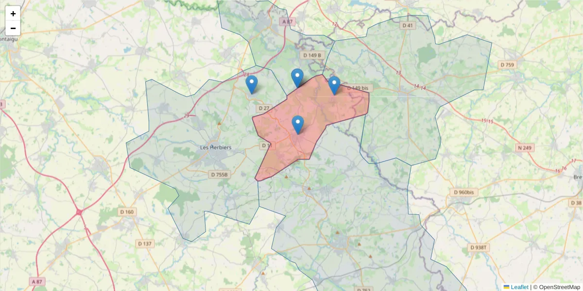 Carte de la zone du code postal  et des codes postaux voisins en France