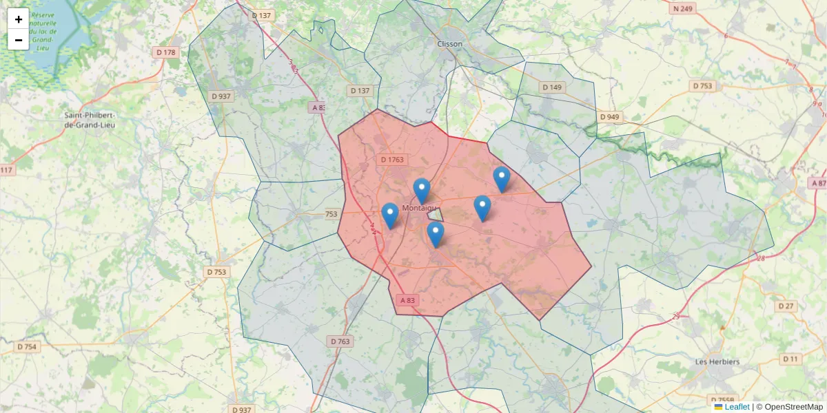Carte de la zone du code postal  et des codes postaux voisins en France
