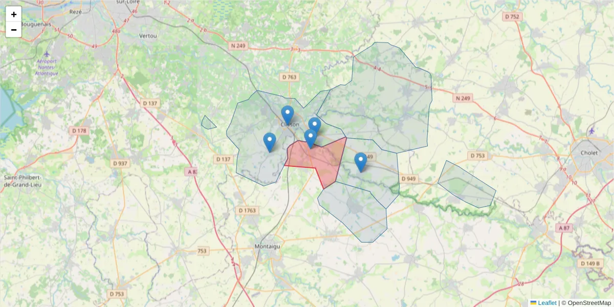 Carte de la zone du code postal  et des codes postaux voisins en France
