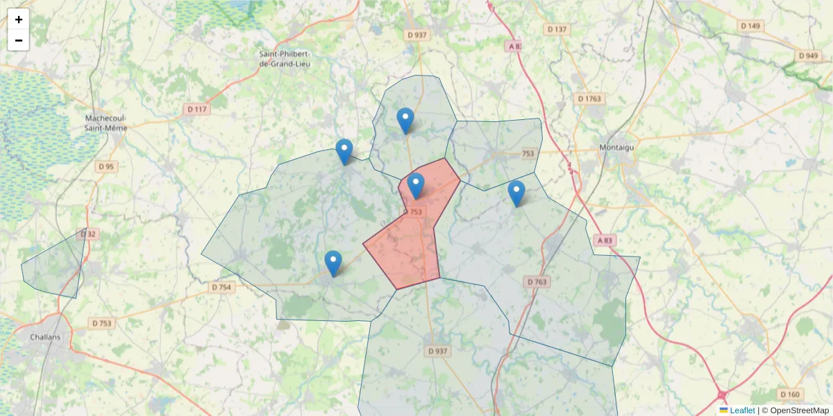 Carte de la zone du code postal  et des codes postaux voisins en France