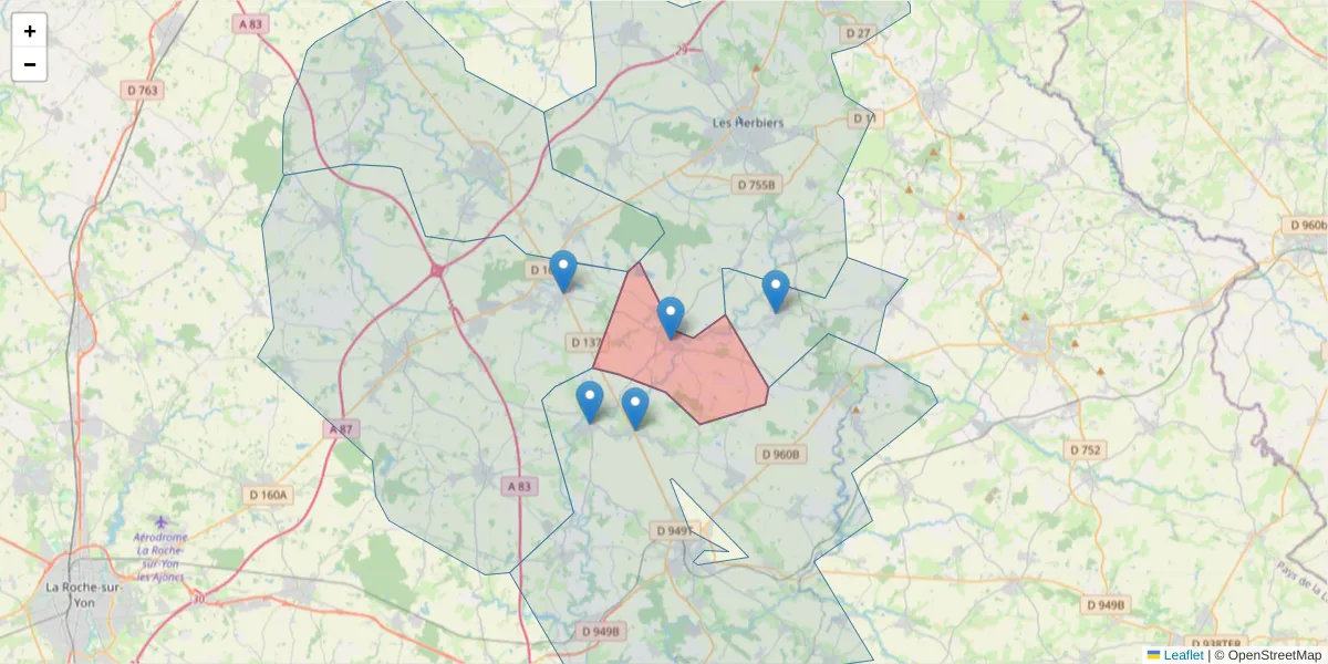 Carte de la zone du code postal  et des codes postaux voisins en France