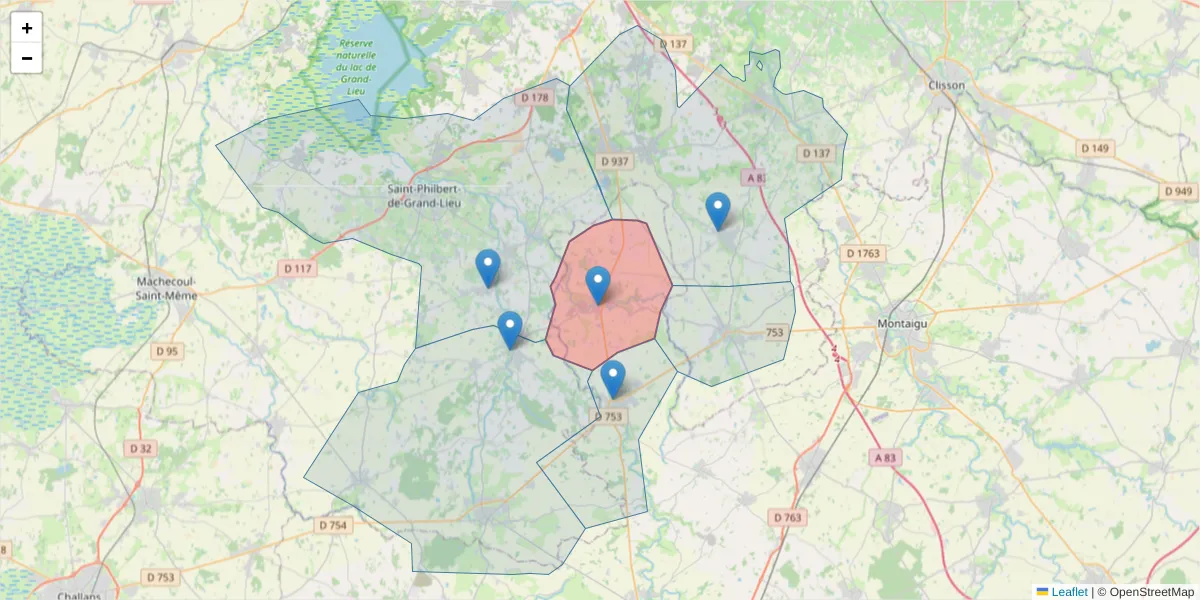 Carte de la zone du code postal  et des codes postaux voisins en France