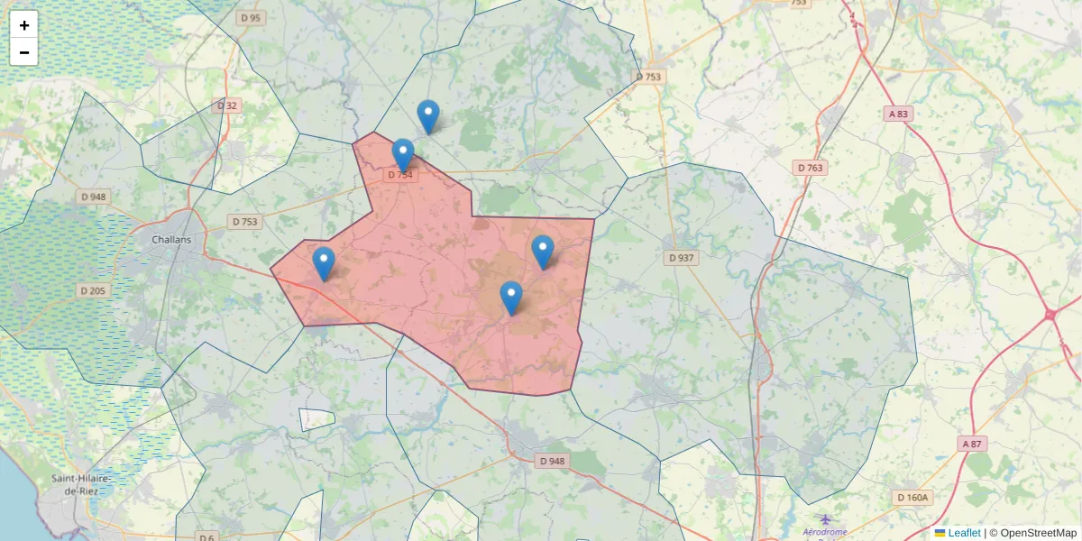 Carte de la zone du code postal  et des codes postaux voisins en France