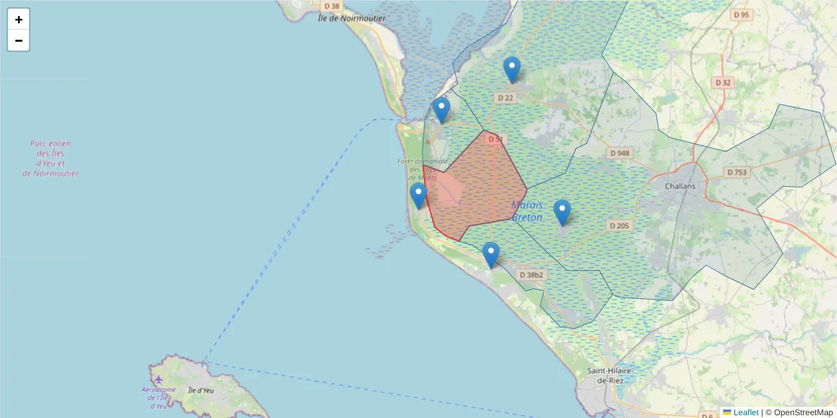 Carte de la zone du code postal  et des codes postaux voisins en France