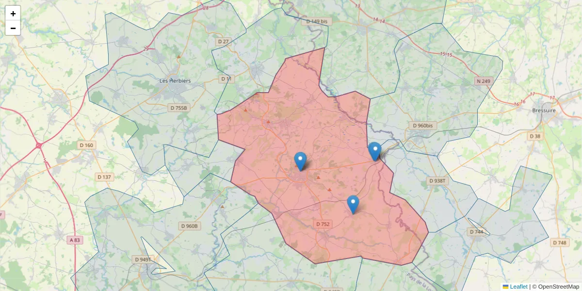 Carte de la zone du code postal  et des codes postaux voisins en France