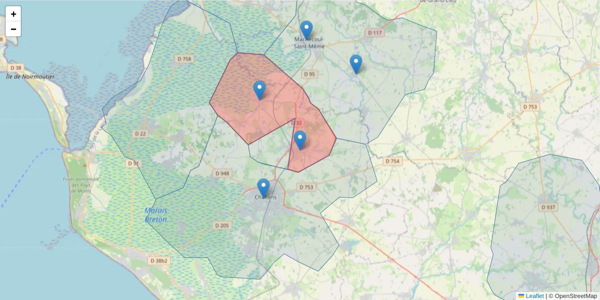 Carte de la zone du code postal  et des codes postaux voisins en France