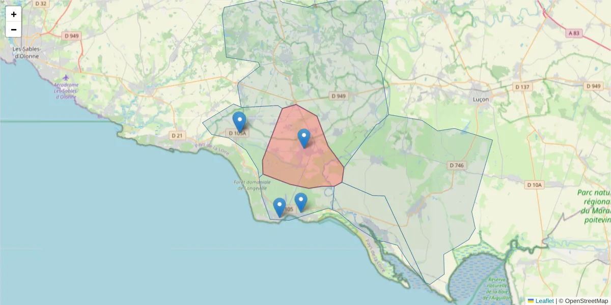 Carte de la zone du code postal  et des codes postaux voisins en France