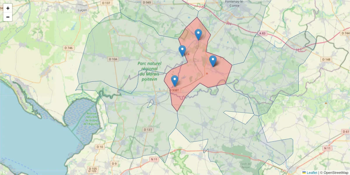 Carte de la zone du code postal  et des codes postaux voisins en France