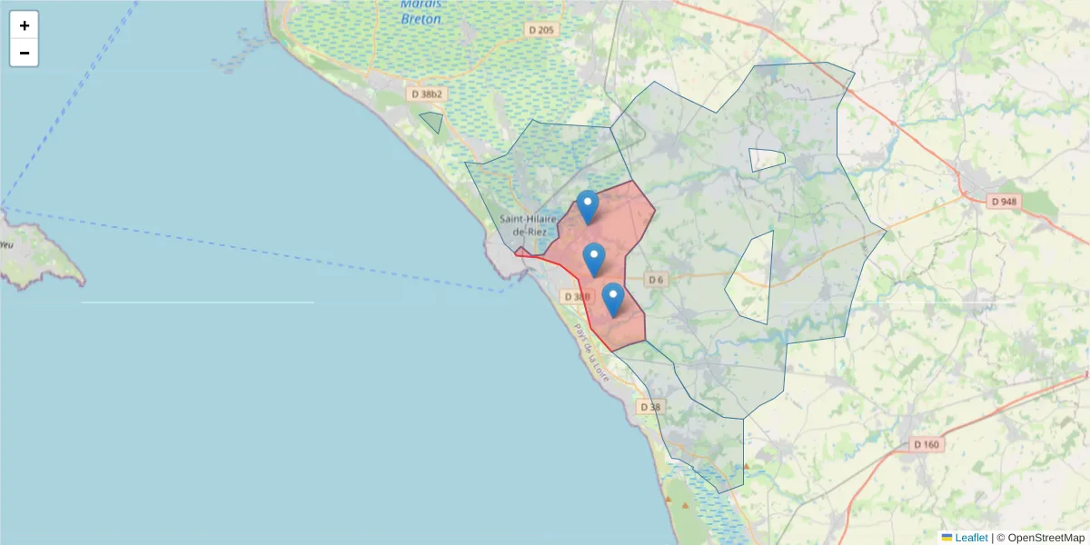 Carte de la zone du code postal  et des codes postaux voisins en France