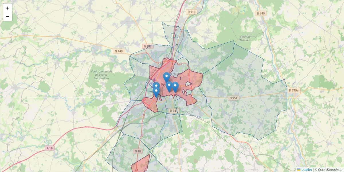 Carte de la zone du code postal  et des codes postaux voisins en France
