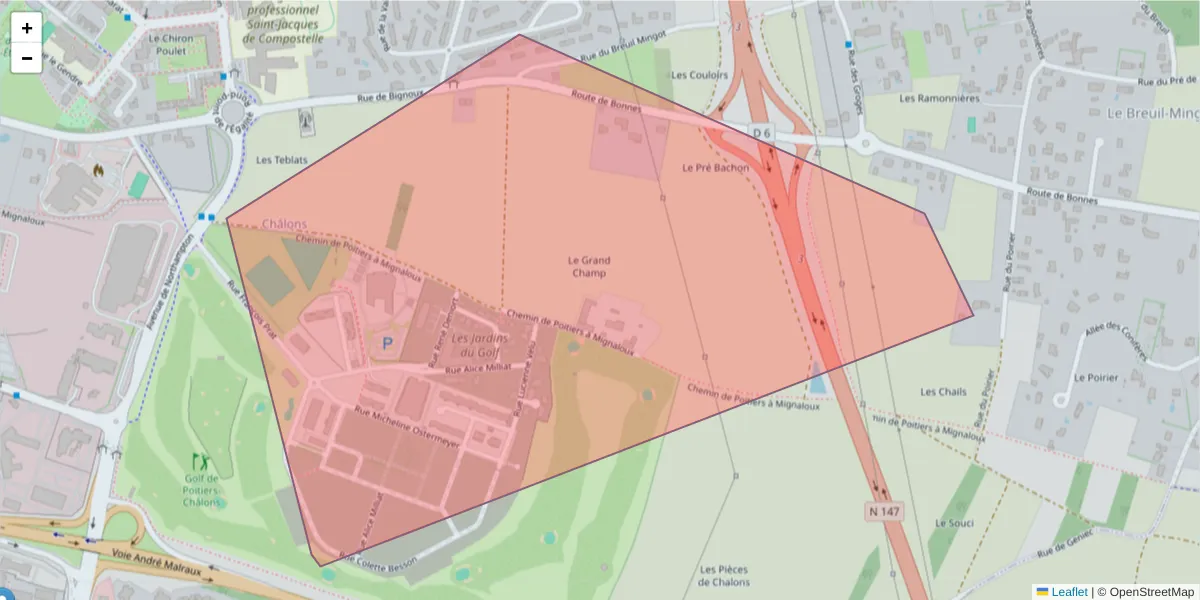 Carte de la zone du code postal  et des codes postaux voisins en France