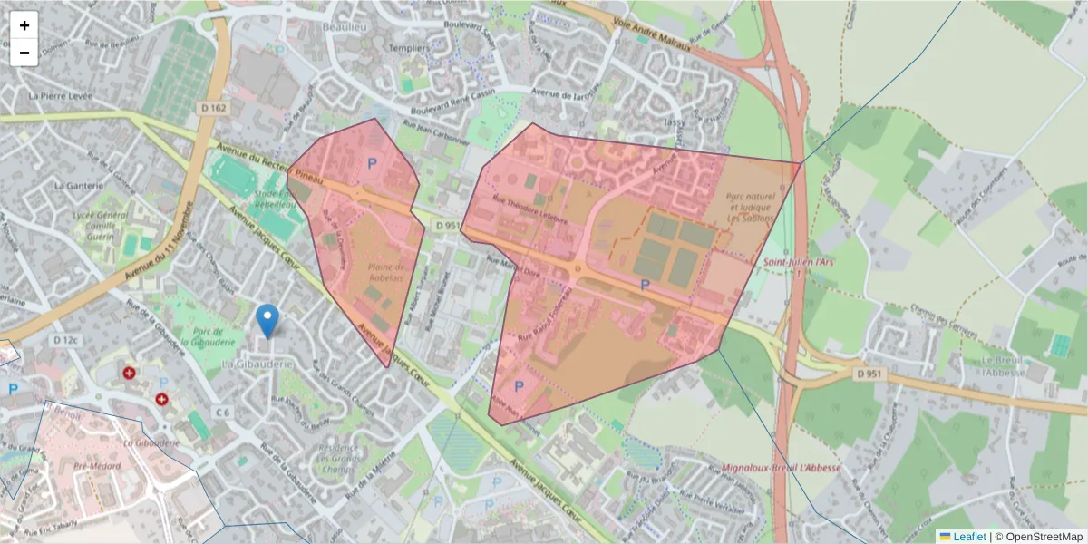 Carte de la zone du code postal  et des codes postaux voisins en France
