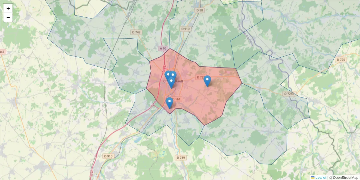 Carte de la zone du code postal  et des codes postaux voisins en France