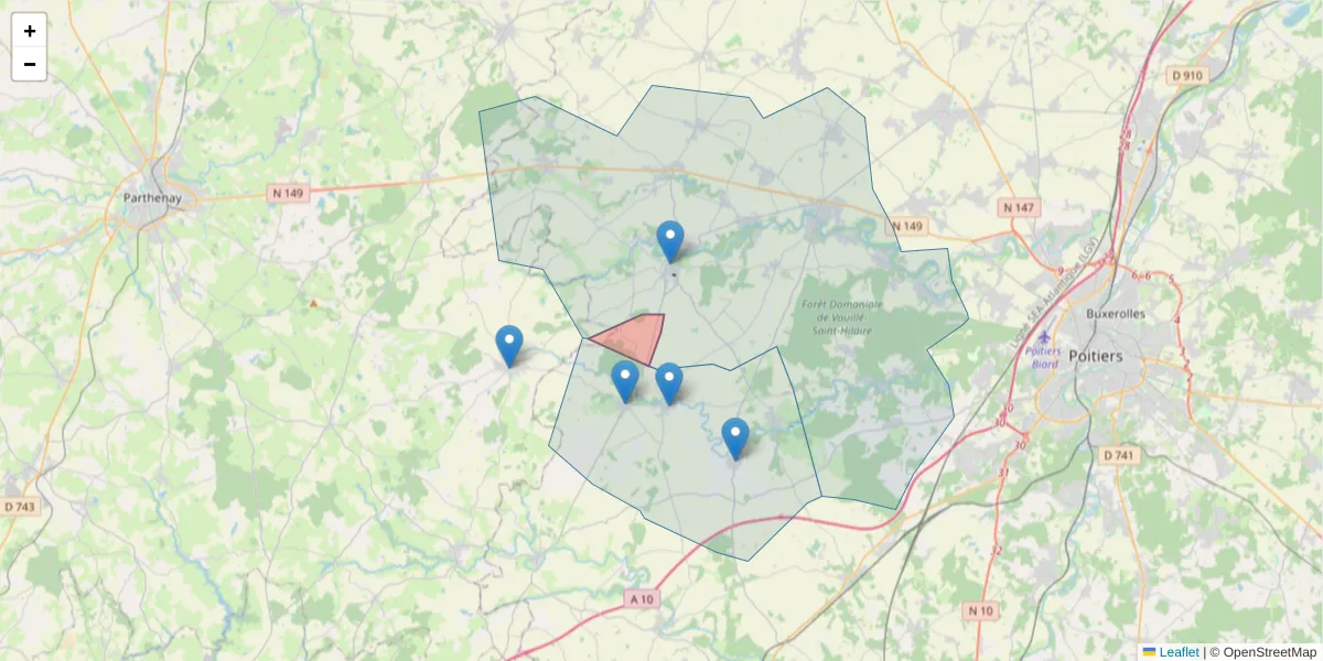 Carte de la zone du code postal  et des codes postaux voisins en France