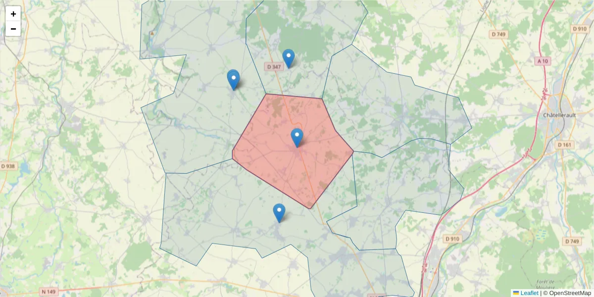 Carte de la zone du code postal  et des codes postaux voisins en France