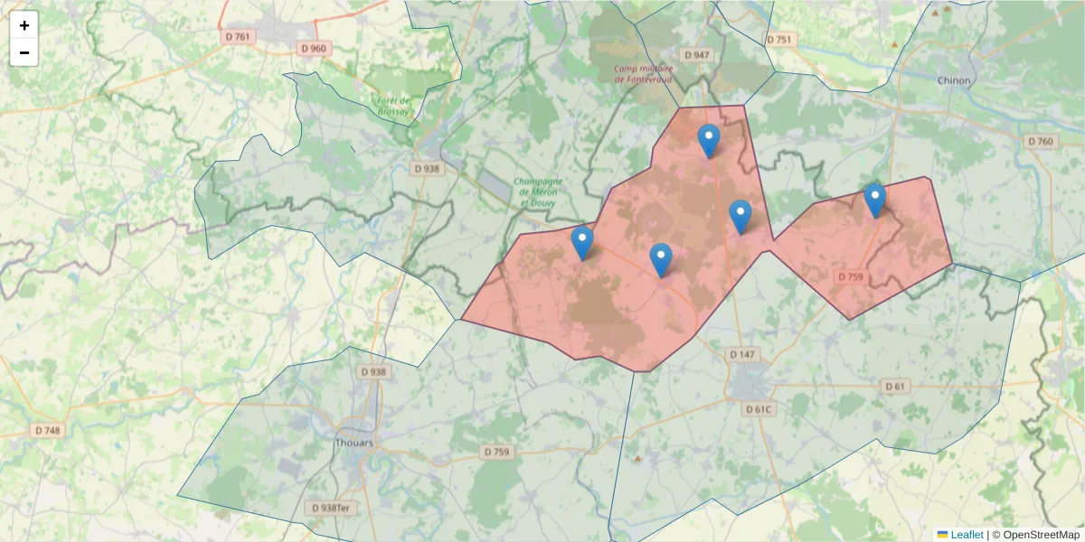 Carte de la zone du code postal  et des codes postaux voisins en France