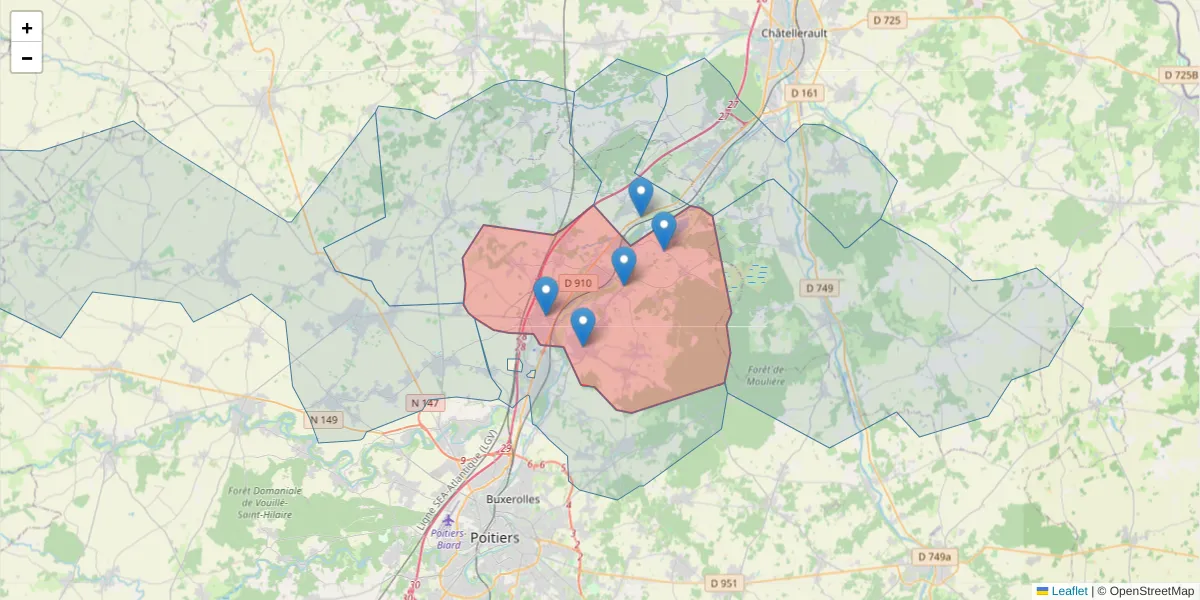 Carte de la zone du code postal  et des codes postaux voisins en France