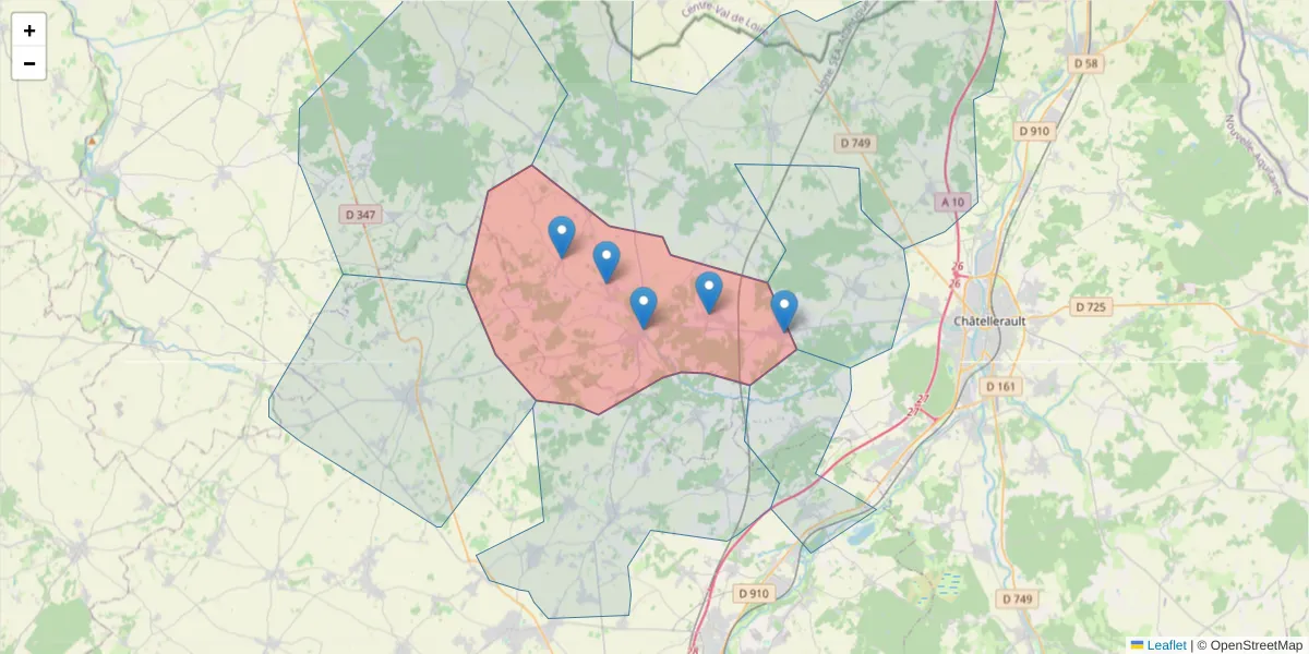 Carte de la zone du code postal  et des codes postaux voisins en France