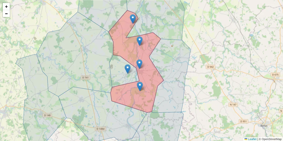 Carte de la zone du code postal  et des codes postaux voisins en France