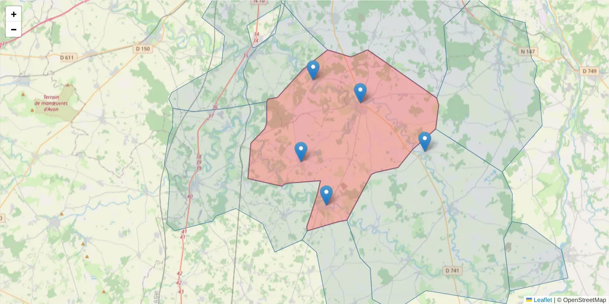 Carte de la zone du code postal  et des codes postaux voisins en France
