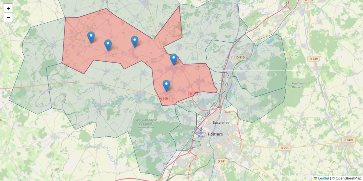 Carte de la zone du code postal  et des codes postaux voisins en France