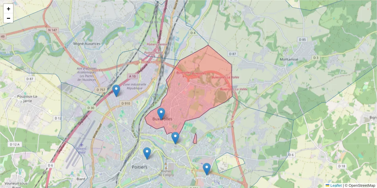 Carte de la zone du code postal  et des codes postaux voisins en France