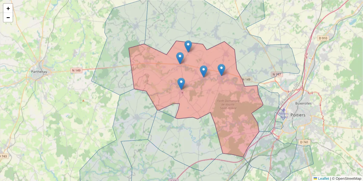 Carte de la zone du code postal  et des codes postaux voisins en France