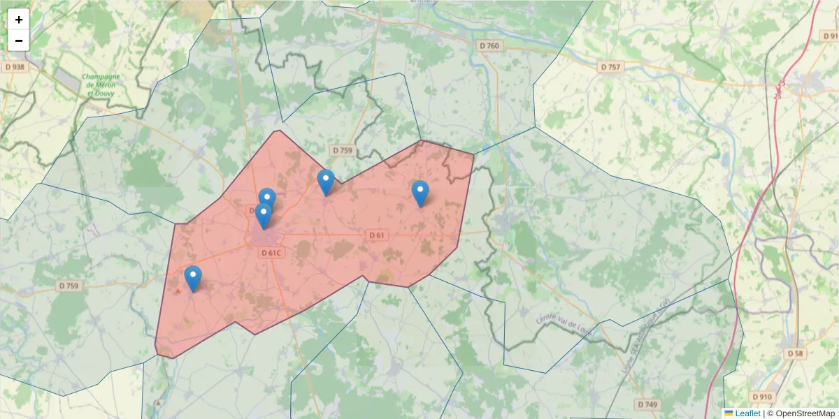 Carte de la zone du code postal  et des codes postaux voisins en France