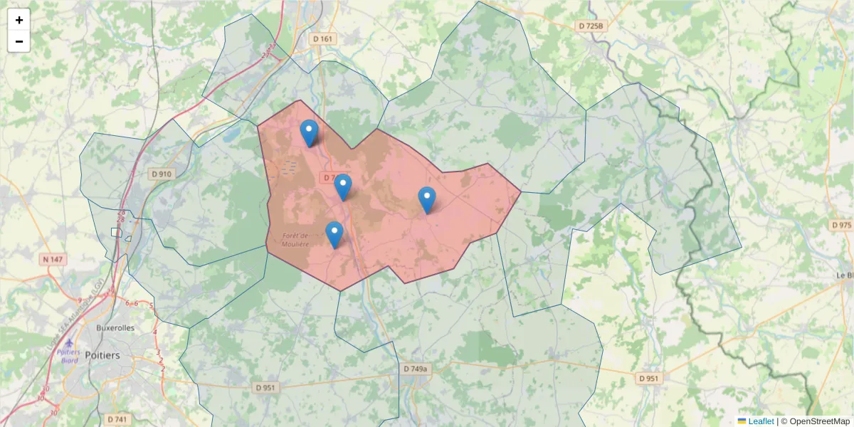 Carte de la zone du code postal  et des codes postaux voisins en France