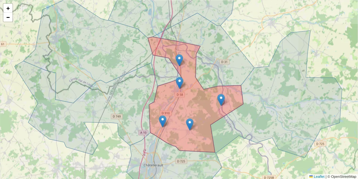 Carte de la zone du code postal  et des codes postaux voisins en France