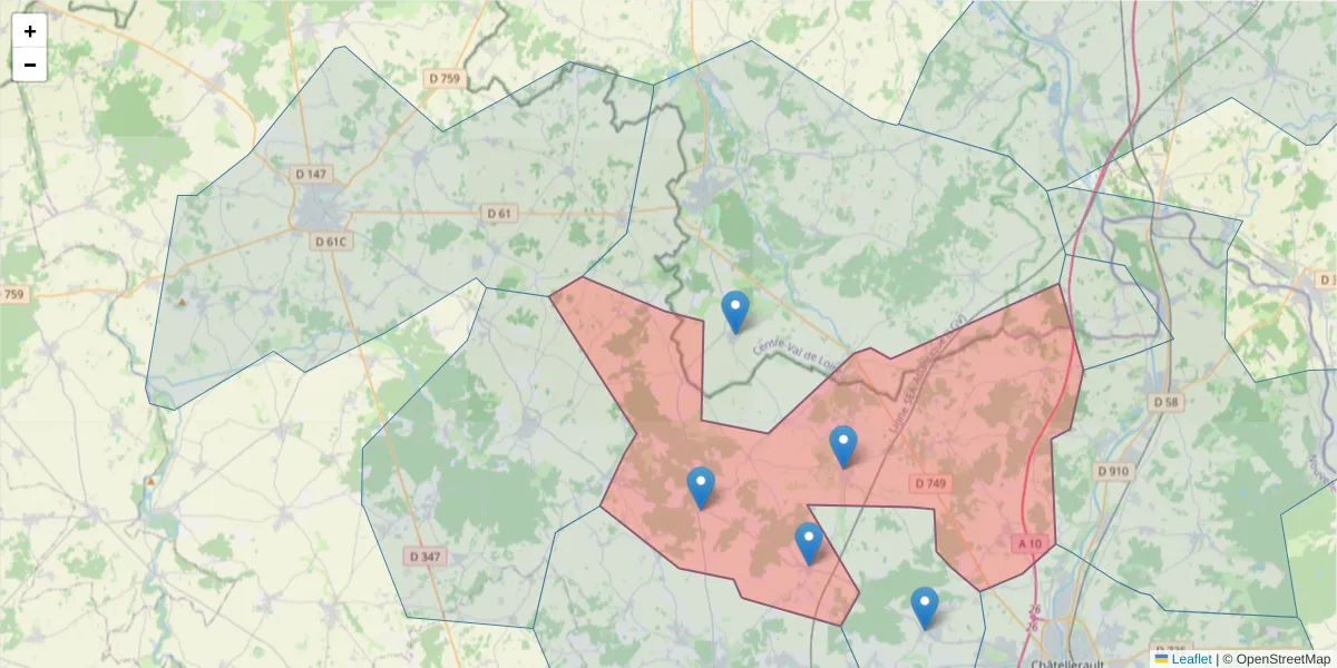 Carte de la zone du code postal  et des codes postaux voisins en France