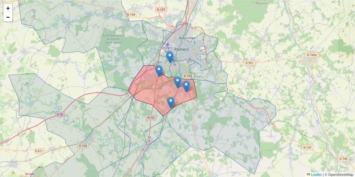 Carte de la zone du code postal  et des codes postaux voisins en France