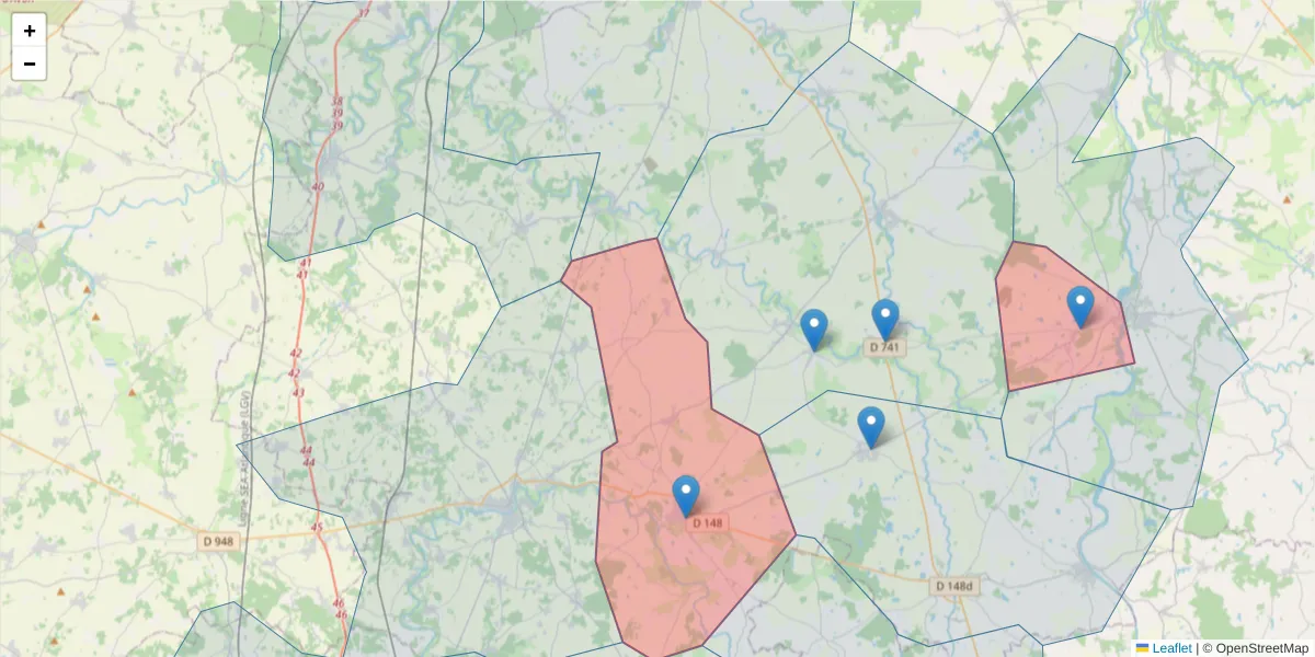 Carte de la zone du code postal  et des codes postaux voisins en France