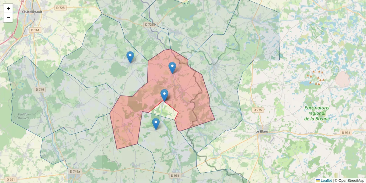 Carte de la zone du code postal  et des codes postaux voisins en France