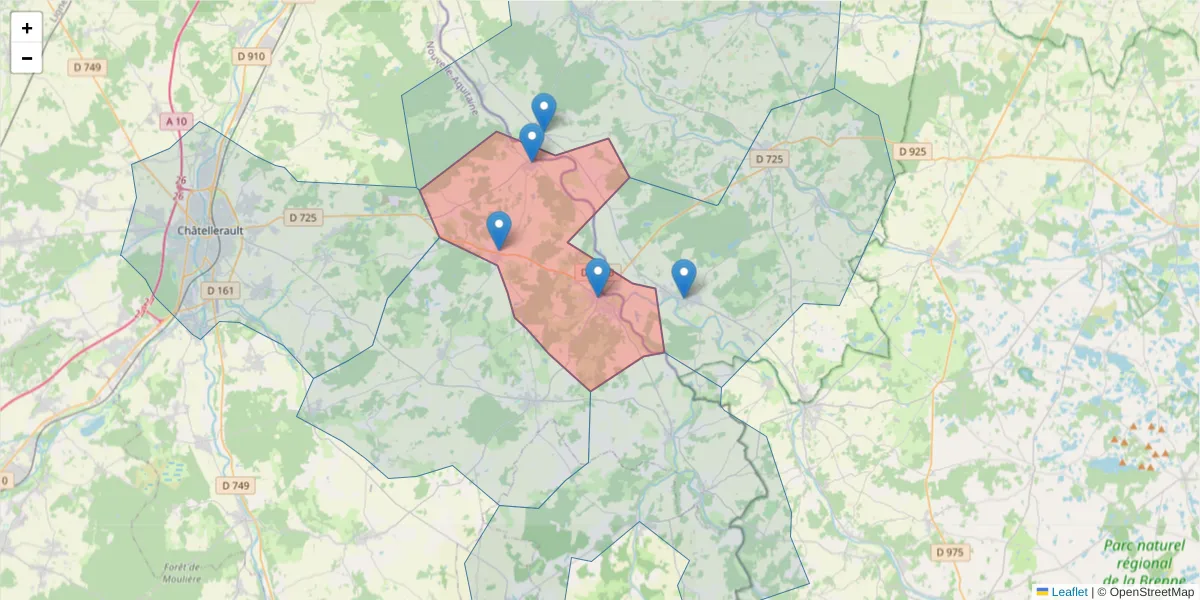 Carte de la zone du code postal  et des codes postaux voisins en France