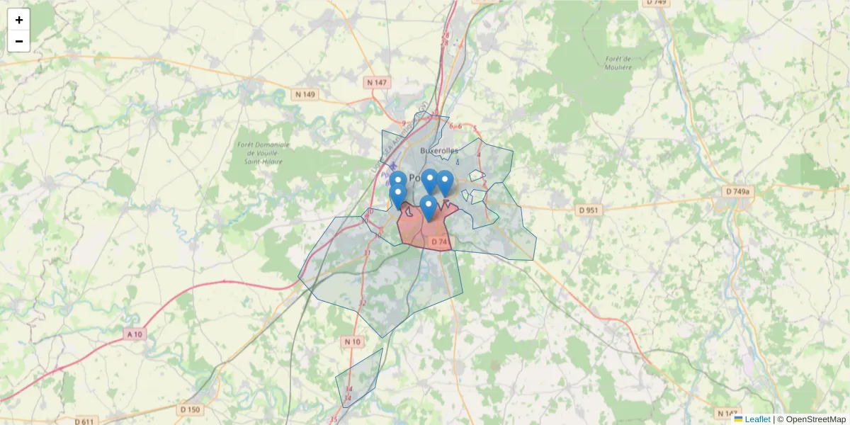 Carte de la zone du code postal  et des codes postaux voisins en France