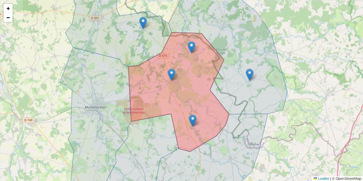 Carte de la zone du code postal  et des codes postaux voisins en France