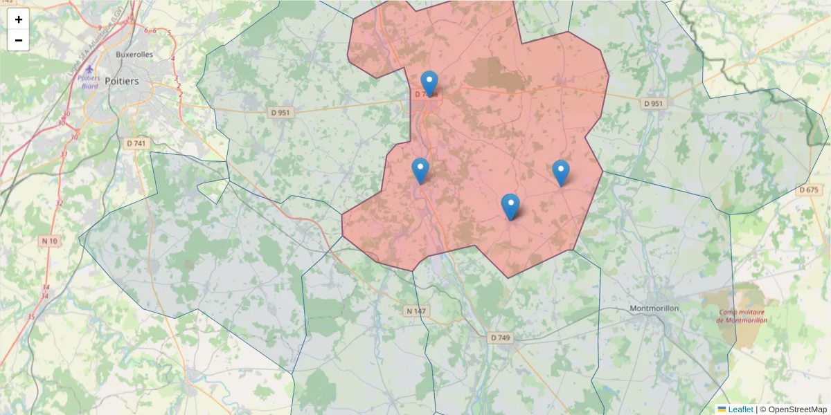 Carte de la zone du code postal  et des codes postaux voisins en France
