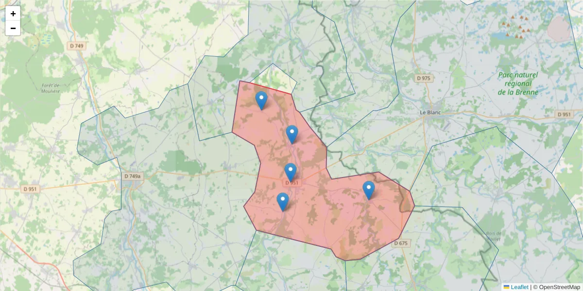 Carte de la zone du code postal  et des codes postaux voisins en France