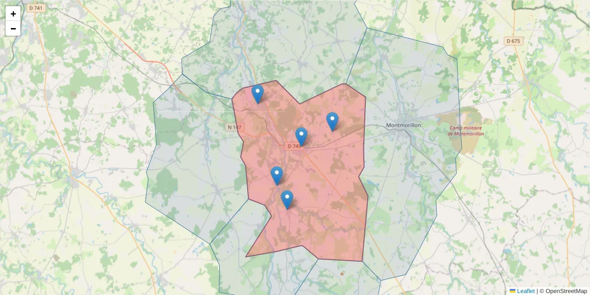 Carte de la zone du code postal  et des codes postaux voisins en France