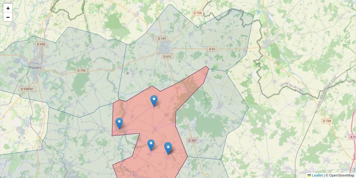 Carte de la zone du code postal  et des codes postaux voisins en France