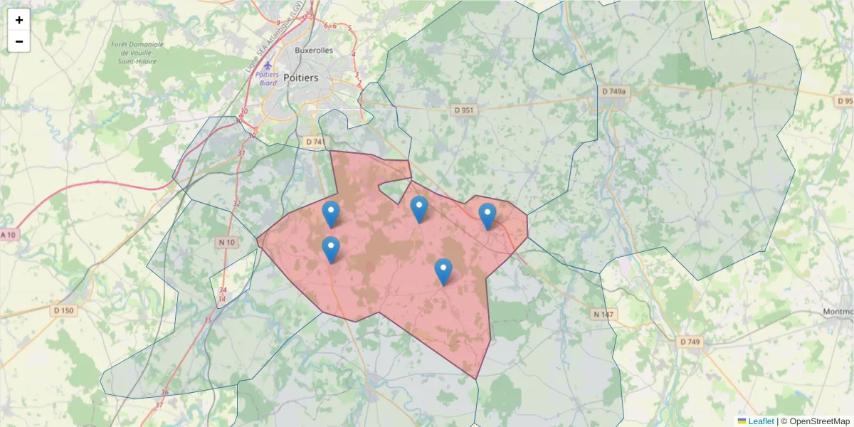 Carte de la zone du code postal  et des codes postaux voisins en France