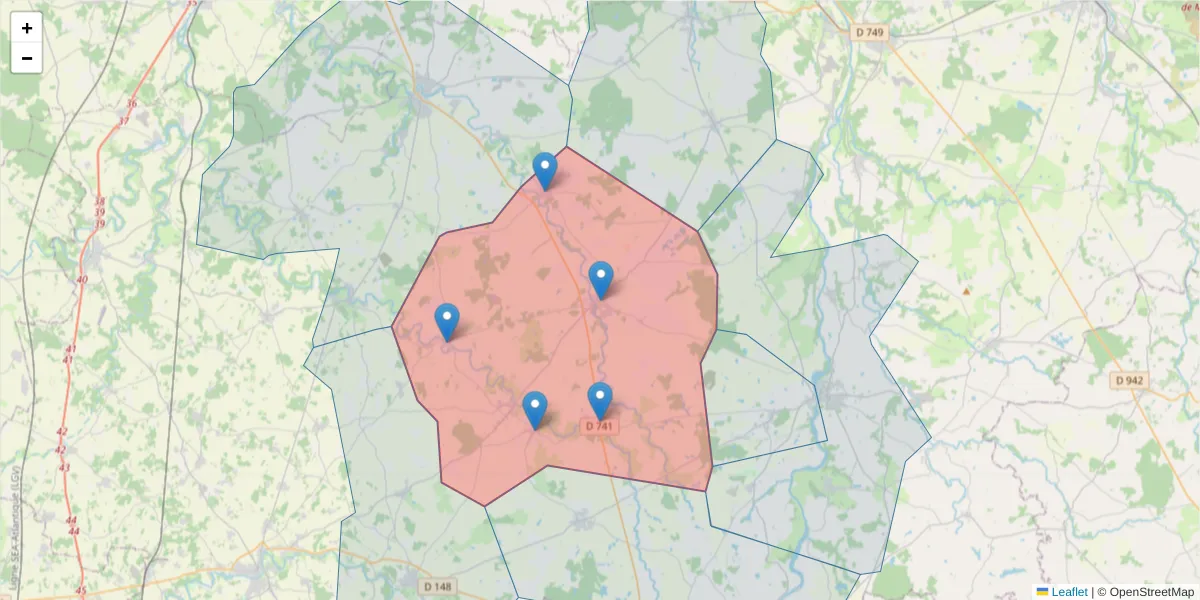 Carte de la zone du code postal  et des codes postaux voisins en France