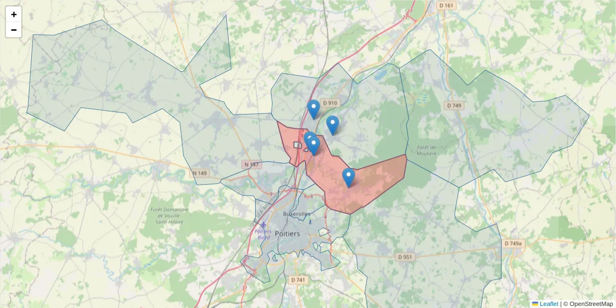 Carte de la zone du code postal  et des codes postaux voisins en France