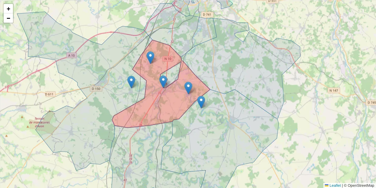 Carte de la zone du code postal  et des codes postaux voisins en France