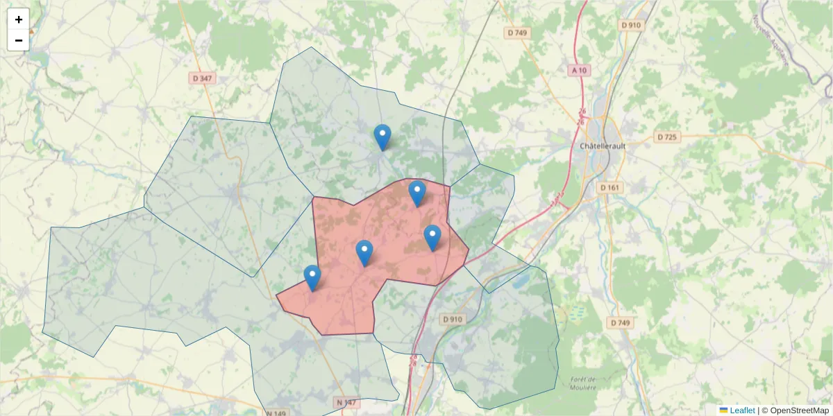 Carte de la zone du code postal  et des codes postaux voisins en France