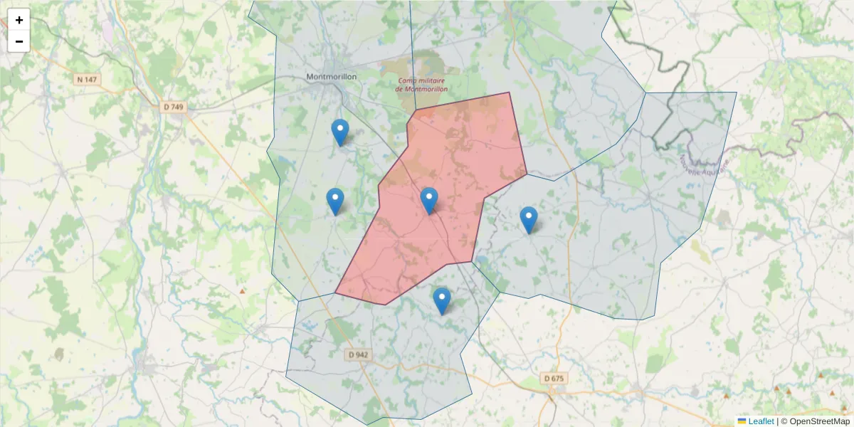 Carte de la zone du code postal  et des codes postaux voisins en France