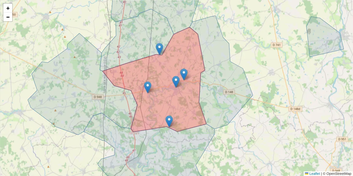 Carte de la zone du code postal  et des codes postaux voisins en France